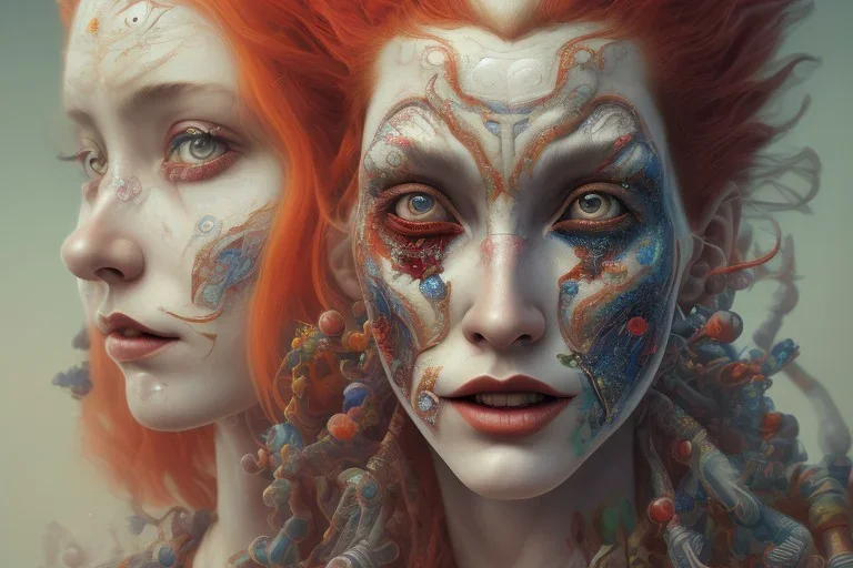 head and shoulders portrait, long red hair, face paint, jester/clown, Takato Yamamoto artist, Akiya Kageichi artist, Jedediah Berry inspired, 8k resolution concept art portrait, dynamic lighting, hyperdetailed, intricately detailed, maximalist, beautiful, peaceful, fire