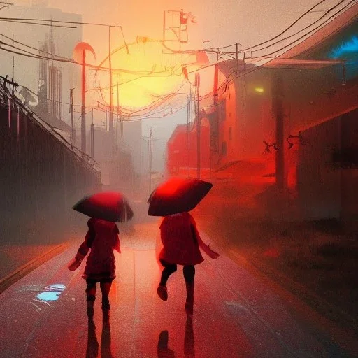 girls playing under the rain, at sunset, high details, color orange to red, cyberpunk style, in space