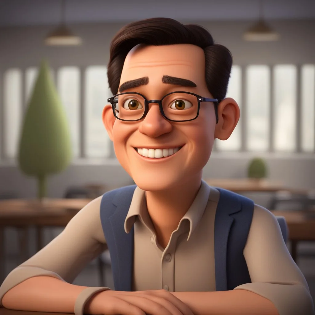 a portrait of smiling a man. carricature. mature. boss. dark black hair. short hair. light brown skin. dark brown eye pupils. wearing small rectangle, thin frame glasses. square face shape. formal dress. pixar style. 3D. 4k. portrait. highly detailed. sharp focus. high resolution. full color. cinema lighting