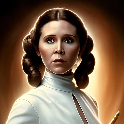 stunning half-body-portrait photo of princess leia from Star Wars played by Carrie Fisher, wlop, artgerm, akihiko yoshida, and liang xing, detailed face, doe eyes, intricate hair style, symmetrical eyes, trending on artstation, highly detailed, white dress, dynamic pose, intricate outfit, space ship and galaxy background