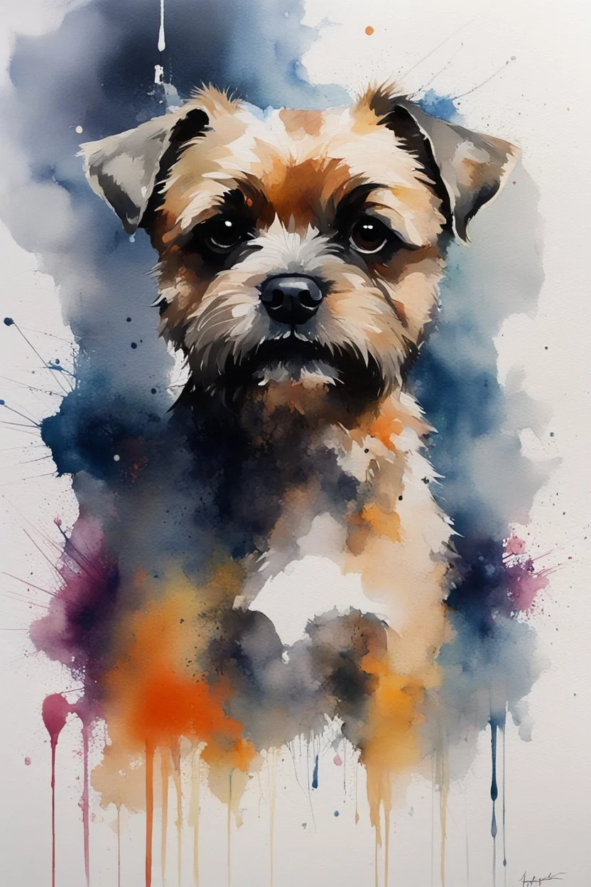 A minimalist portrait of a border terrier by Ryan Hewett , willem haenraets, watercolor, wet on wet and splattering techniques, centered, perfect composition, abstraction, surrealism