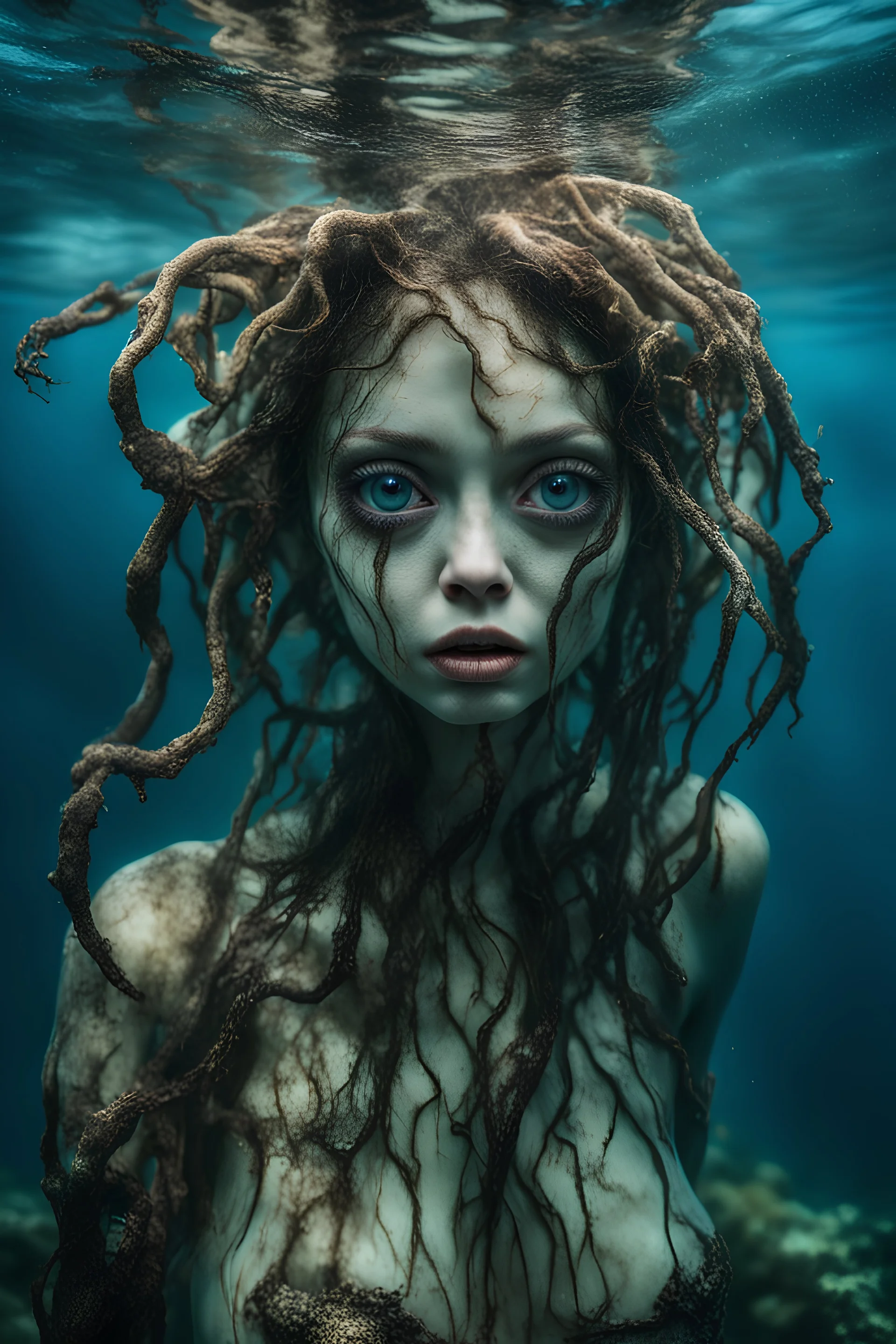 Underwater, closeup siren with big eyes, ragged clothes, fullbody, his skin translucent, black veins that extended like roots, 8k,macro photography,