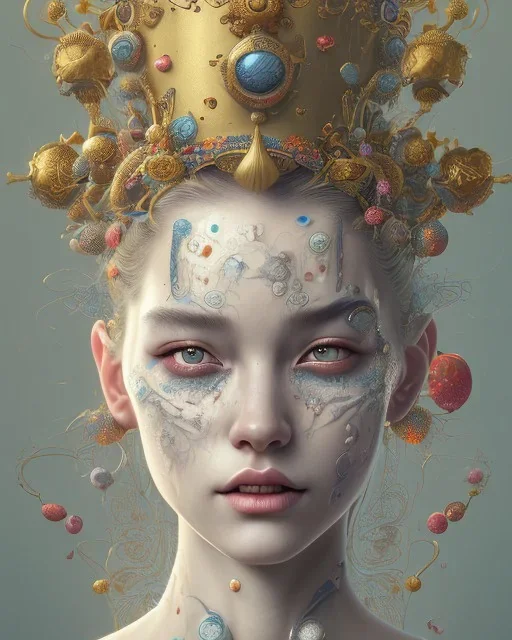 head and shoulders portrait of Mary, face paint, jester hat, sad expression, Takato Yamamoto artist, Akiya Kageichi artist, Jedediah Berry inspired, 8k resolution concept art portrait, dynamic lighting, hyperdetailed, intricately detailed, maximalist, beautiful, peaceful