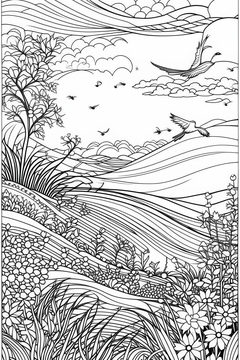 freedom, coloring book page, simple and clean line art, adult drawing book, low details, black and white, crisp black lines, no shades, sharp lines, coloring book for adults, cartoon style, landscape