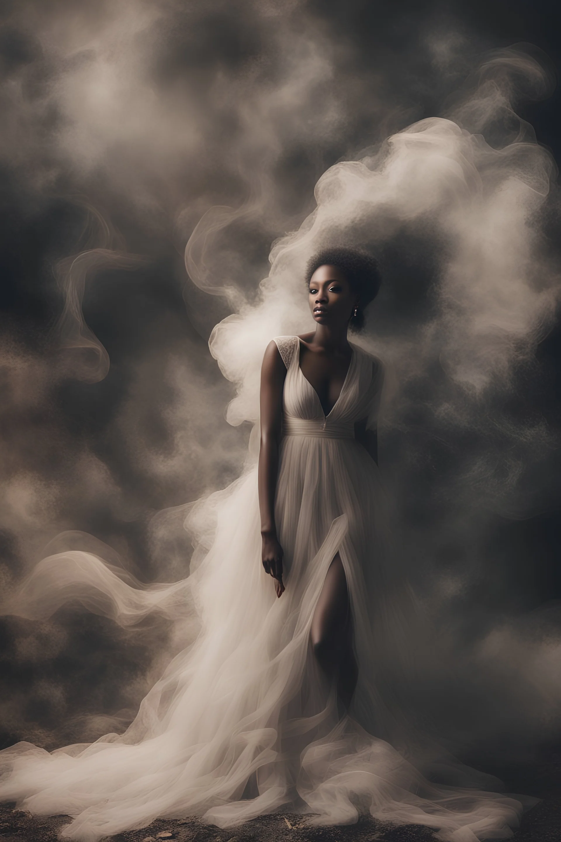 beautiful black women in white Smokey ethereal, heavenly background