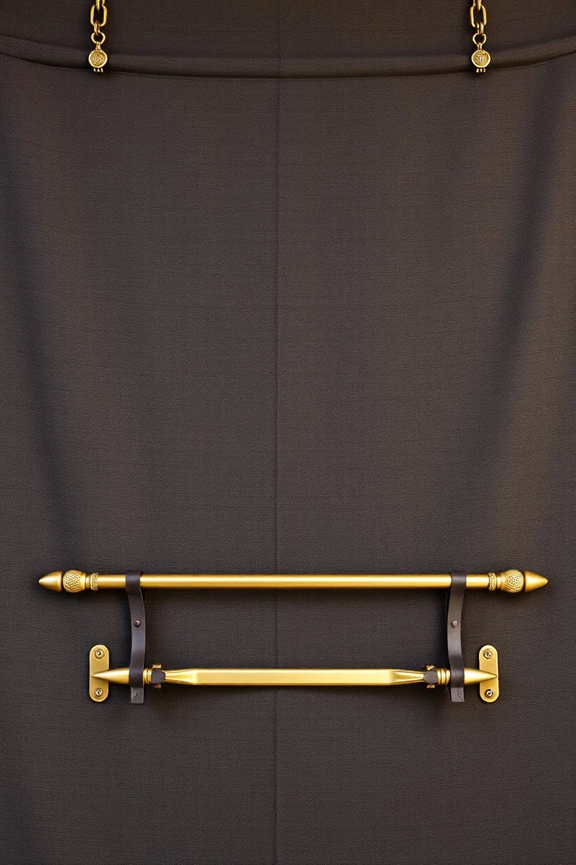 darker textured hanging fabric background with decorative brass corners at top, and a wide decorative brass bar clamped across the bottom