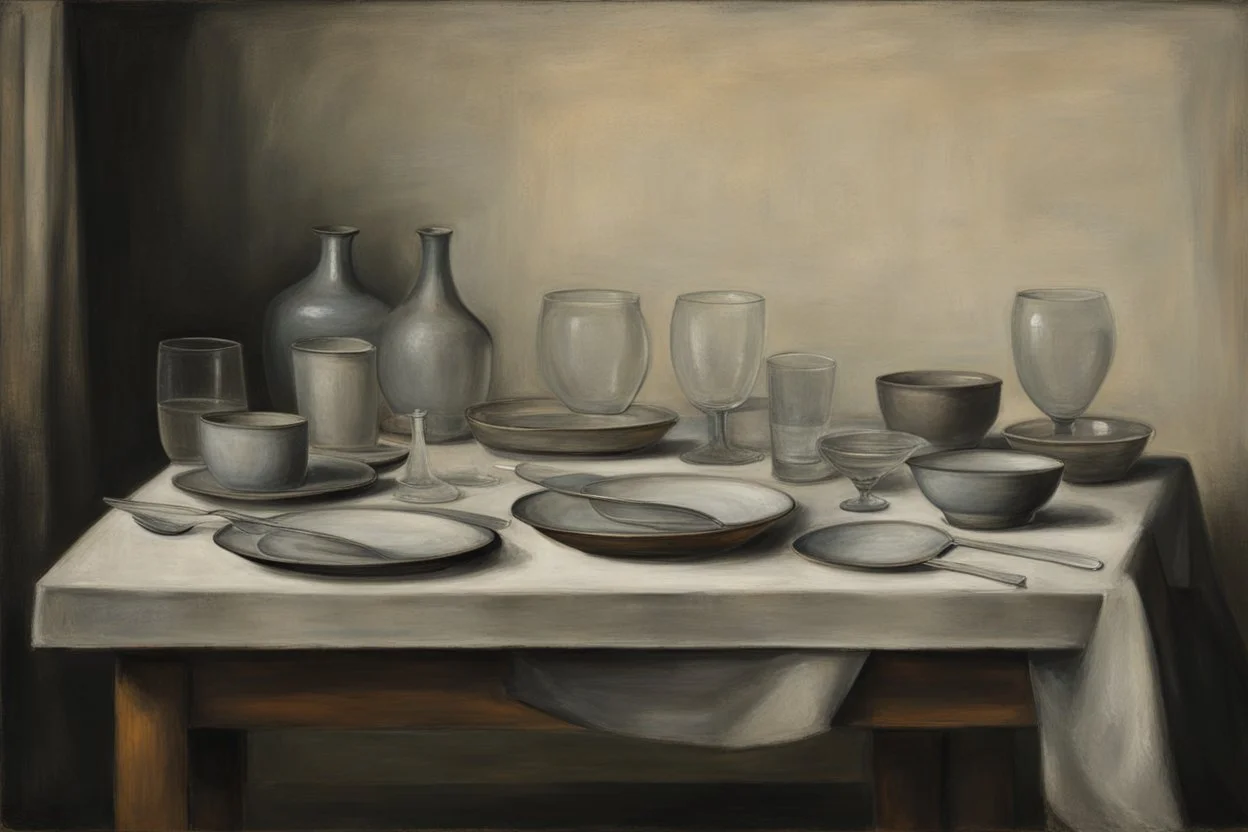 Dishes and glasses on a table in the style of Vilhelm hammerschoi
