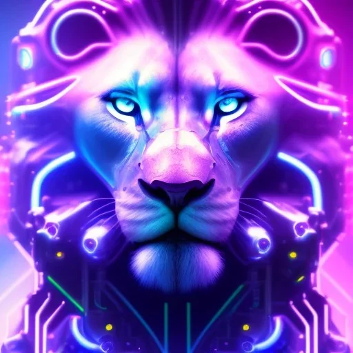 A beautiful portrait of a cyborg lion blue neon color scheme, high key lighting, volumetric light high details psychedelic background