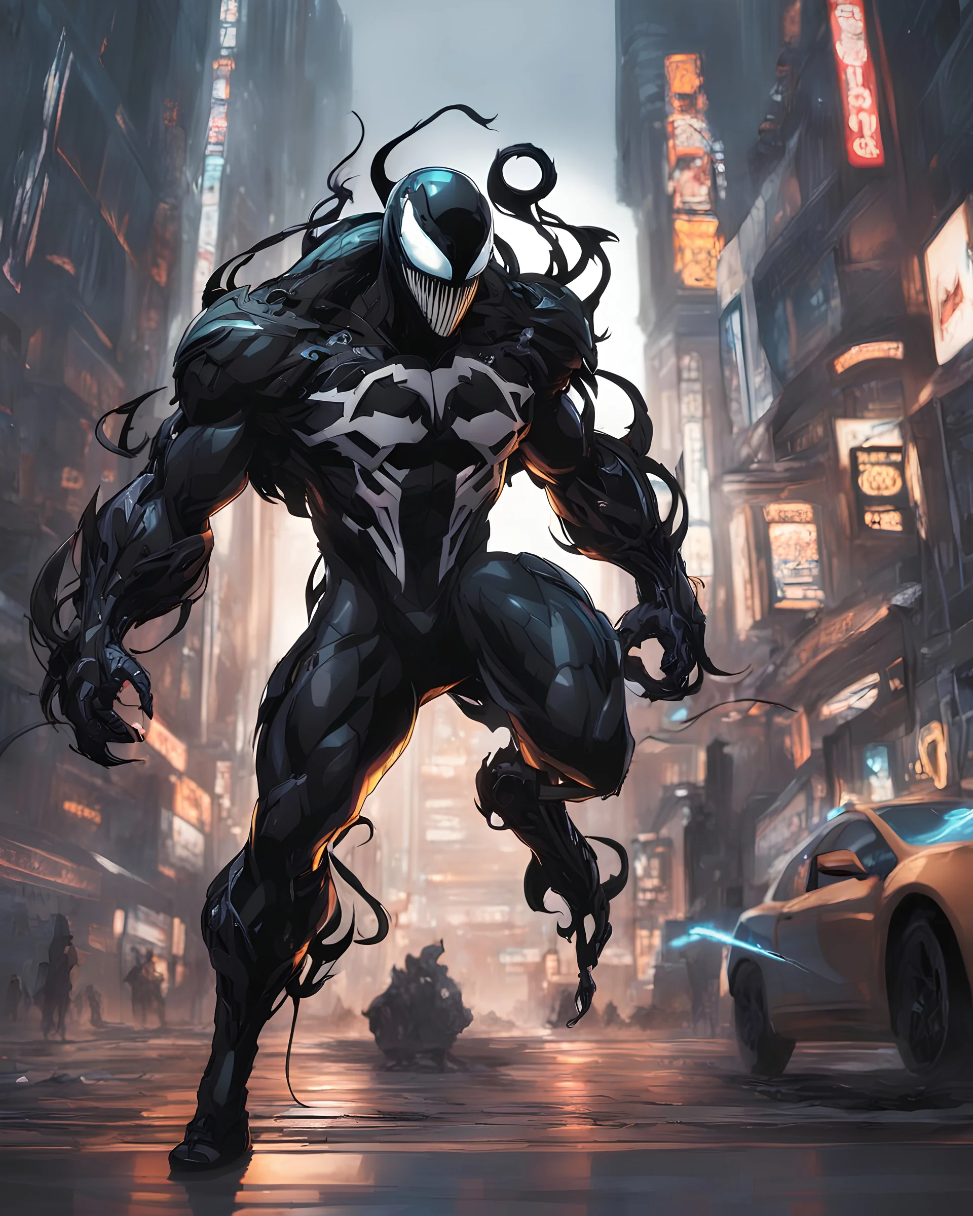 Venom mix with machine in solo leveling shadow artstyle, cyberpunk them, intricate details, highly detailed, high details, detailed portrait, masterpiece,ultra detailed,best quality
