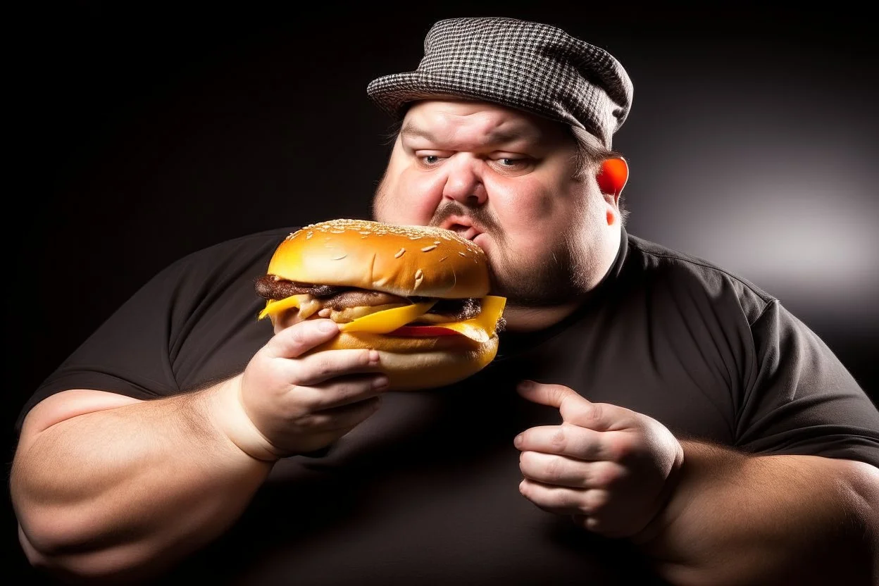 sterotypical american fat guy eating a burger