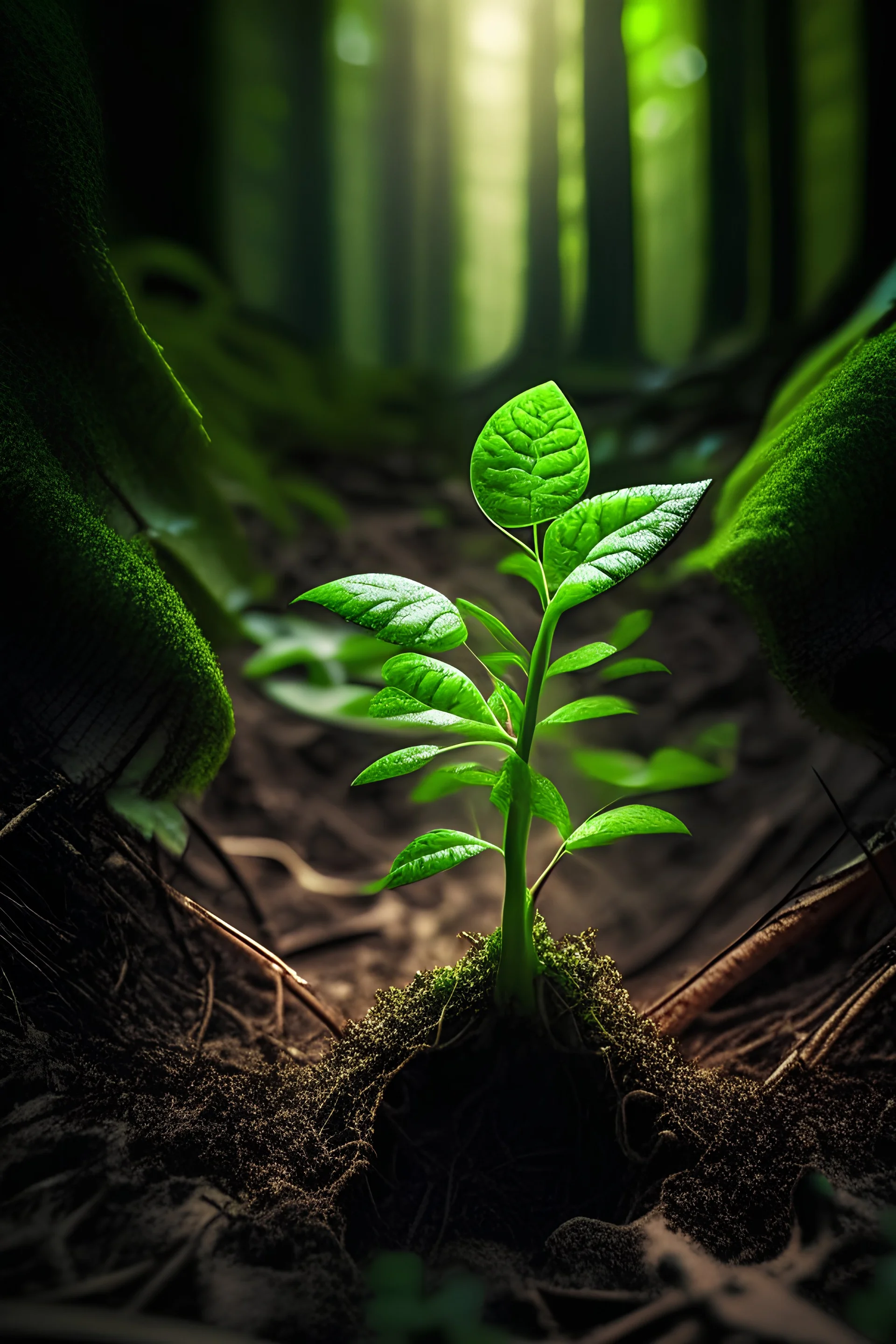 Show me a picture of a green sprout that has just started to grow in a forrest