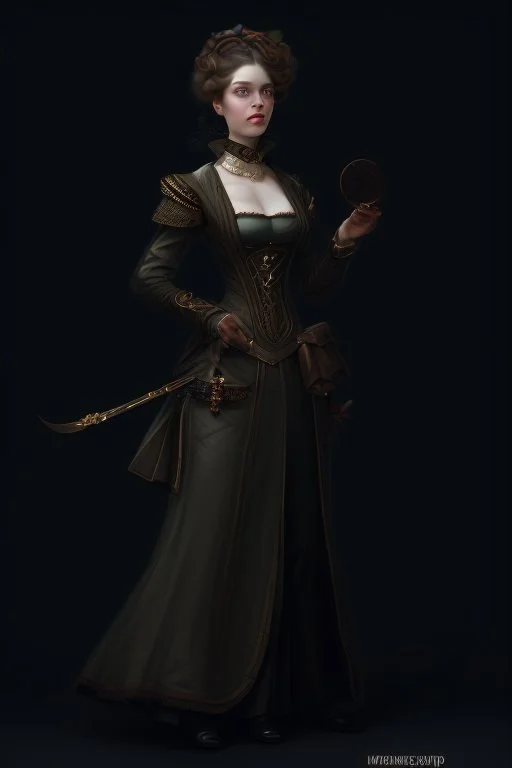 warm but stern aunty victorian era, posh british accent influenced, high born facial features dnd character on a solid black background, full body image, high quality realistic.