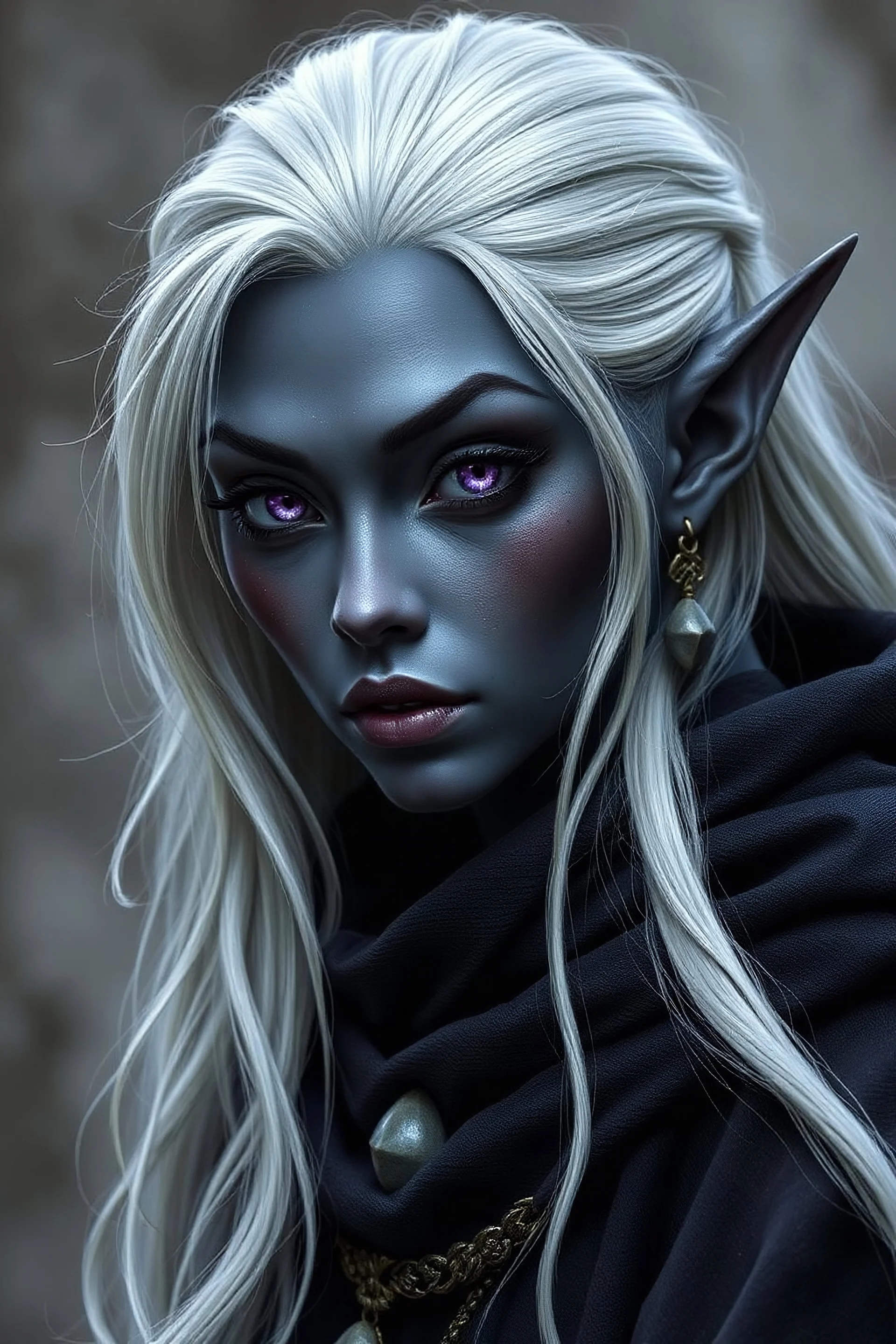 Conventionally beautiful female duergar wizard. She has dark grey skin, silver-purple eyes, platinum hair, and looks to be in her early twenties.