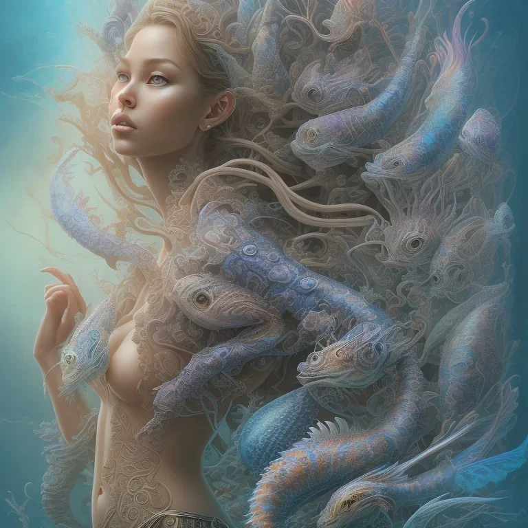 sango fantasy, fantasy magic, intricate, sharp focus, illustration, highly detailed, digital painting, concept art, matte, artgerm and paul lewin and kehinde wiley, masterpiece sexy lips Hawaiian afro lips black African lady body mermaid lionfish head blue space lady beach sea under water mermaid seaweed