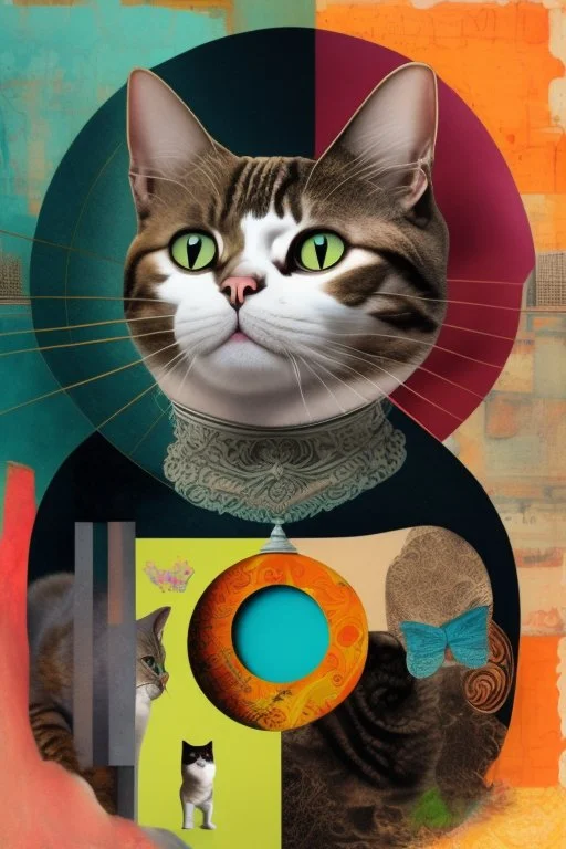 A cat, abstract and surrealism, collage of absurd art