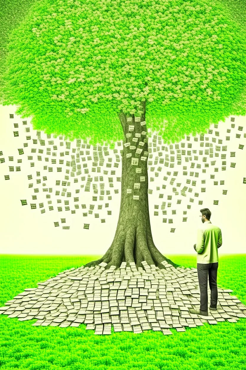 small man looking at big tree full of cash notes