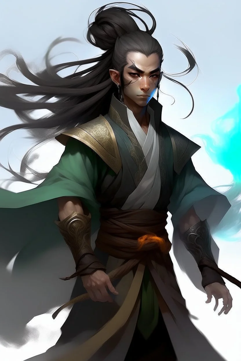 A young Air genasi from dnd with ashesen skin and asian flowing hair herematerial smoke Monk attire with ash giant Black Smoke Some hair Which Moke around him