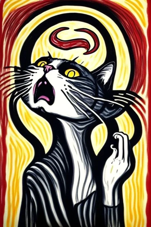 Cat holding her head with her hand like the scream Edvard Munch. Painting style of Edvard Munch