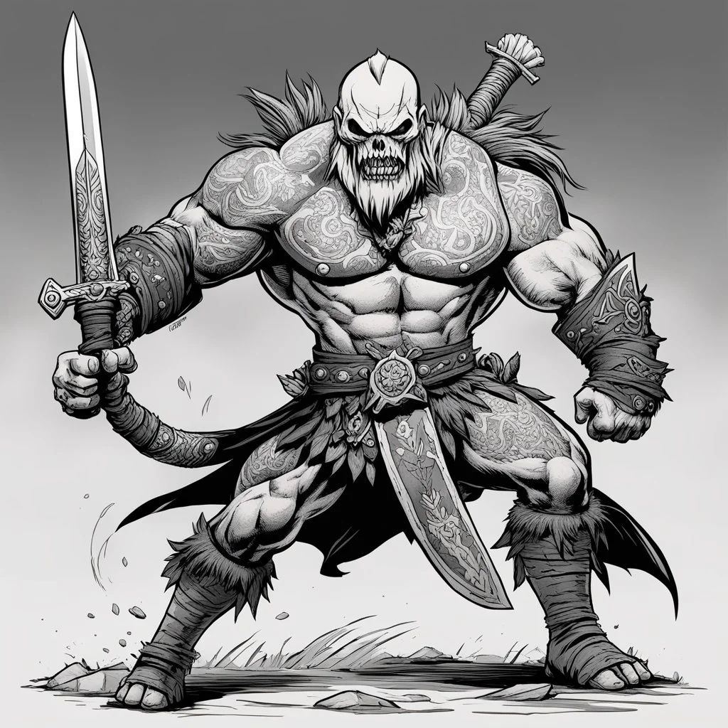 [mexican high res photo Head Lopper style by Andrew MacLean] the tattooed warrior moves with the fluid precision of someone who's spent a lifetime turning potential death into momentary survival. His weapon cleaves through the ghoul in a single, brutal stroke.