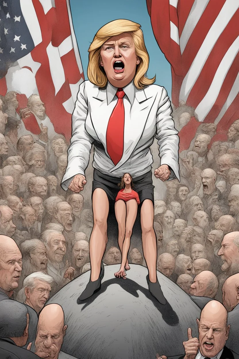 a victorious woman standing on top of trump's defeated body