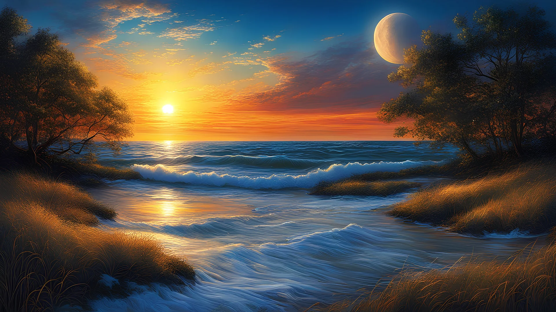 art by Phil Koch, Meghan Howland blue moon Digital ral-epochelves Illustration of a summer scape sunset luminism, Fantastic Realism complex background, dynamic lighting, digital painting, highly detailed intricated