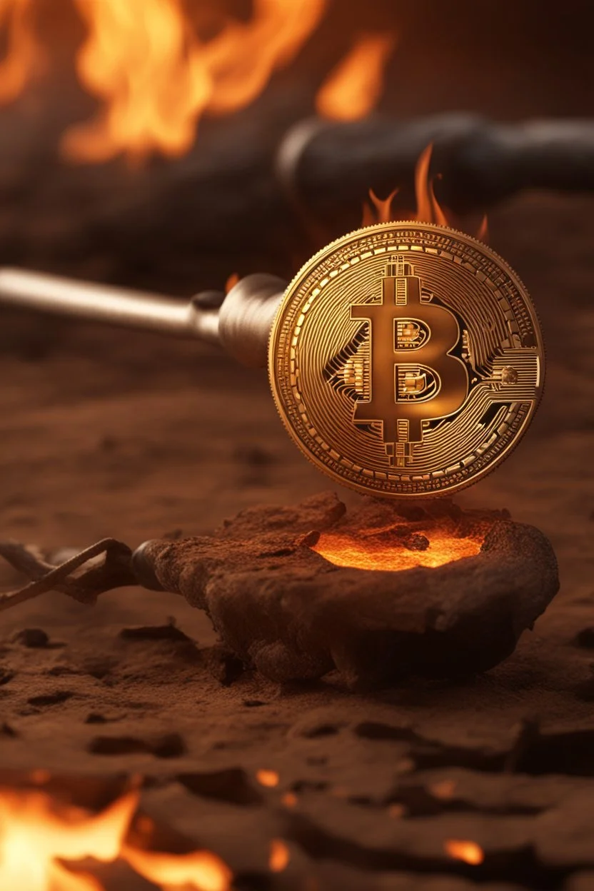 Image of a branding iron that has just burned a Bitcoin logo into the skin of an Attractive man. It is still hot and steam can be seen from the burn mark. Super realistic, dramatic, 8k