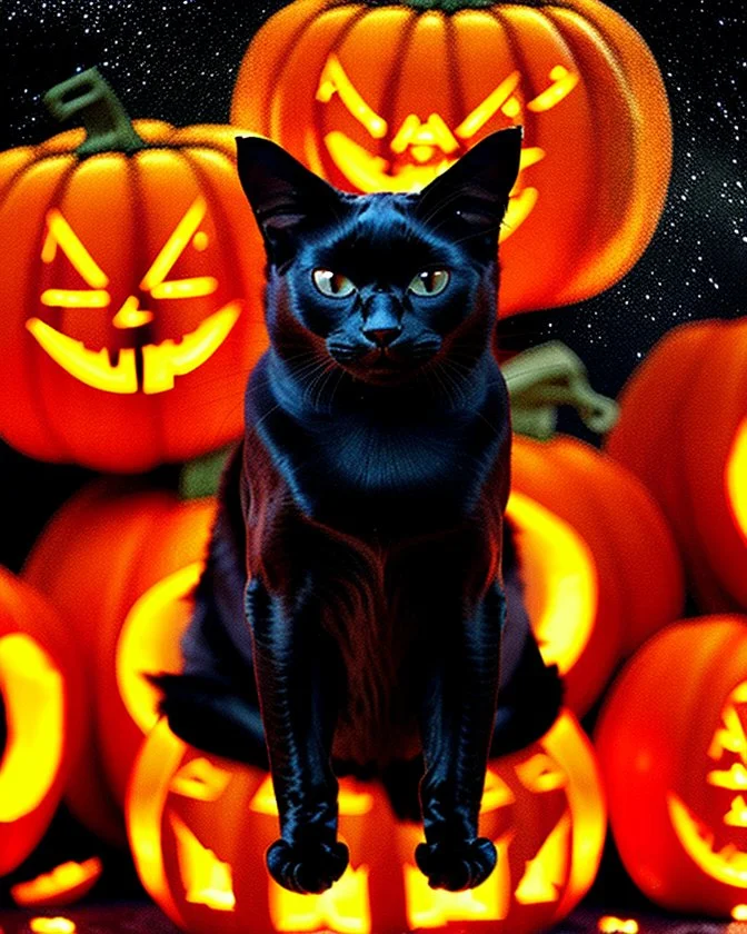 black cat on Halloween dancing with pumpkins in the photo of the starry sky