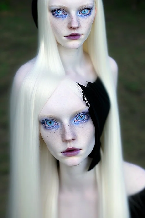 A beautiful young woman with long white hair and blue eyes, pale skin with opal freckles. Wearing a black dress