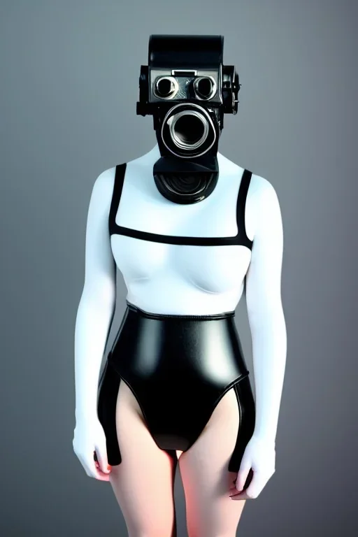 Cyber-punk style mask. Large fencing mask covers cheeks. Trim girls. Reflective white plastic skin. Camera lenses as eyes. Head full of integrated old-fashioned cameras. Golden to cyan surfaces body, latex. Perfect body, thick thighs and calves. Asa Akira. Selfies with old-fashioned cameras in both hands. Wide hip, skirt bleats nicely. Camera at mons veneris and nipples. Partly symmetrical. Cameras hanging on wide plastic belt. Euclidean 3D-tiling. dystopia. Fractal-camera-lens. Chaos.Minimalism