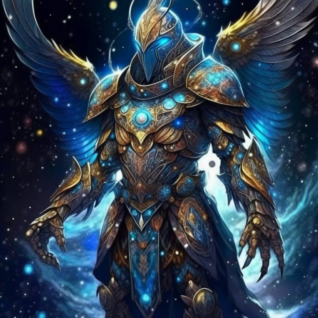 A battle suit made of galaxies and stars with a glove that has seven endless stones,A god-like man with infinite power who owns the galaxies,God-like man with infinite power who owns the galaxies and wears a beautiful crown, a jewel of diamonds and galaxies with weapons riding on a creature with an eagle head and eagle wings and eagle hands