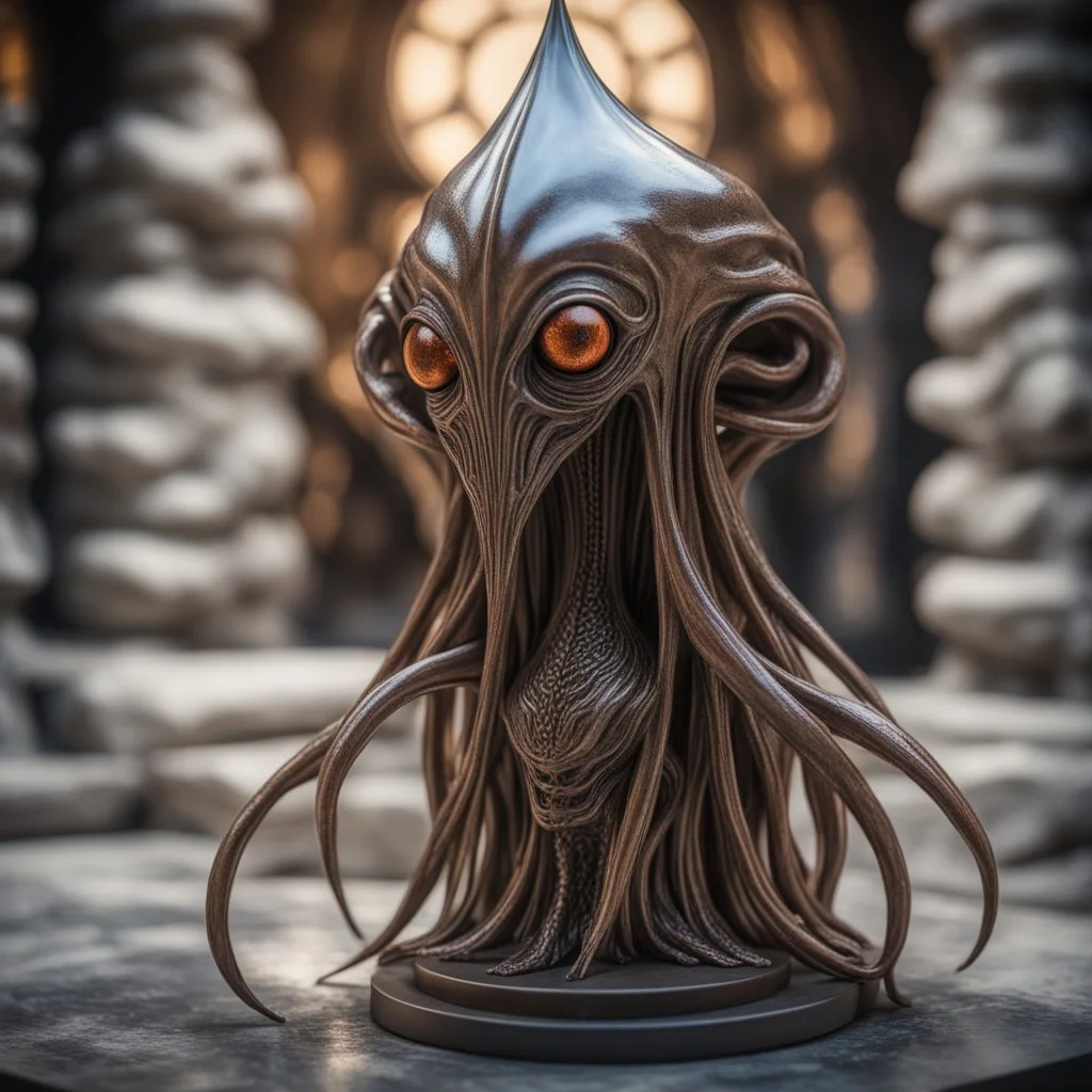 giger escher illithid mind flawyer witch sculpture in transparent bronze murano glass in front of stone wall,bokeh like f/0.8, tilt-shift lens 8k, high detail, smooth render, down-light, unreal engine,bokeh like f/0.8, tilt-shift lens 8k, high detail, smooth render, down-light, unreal engine