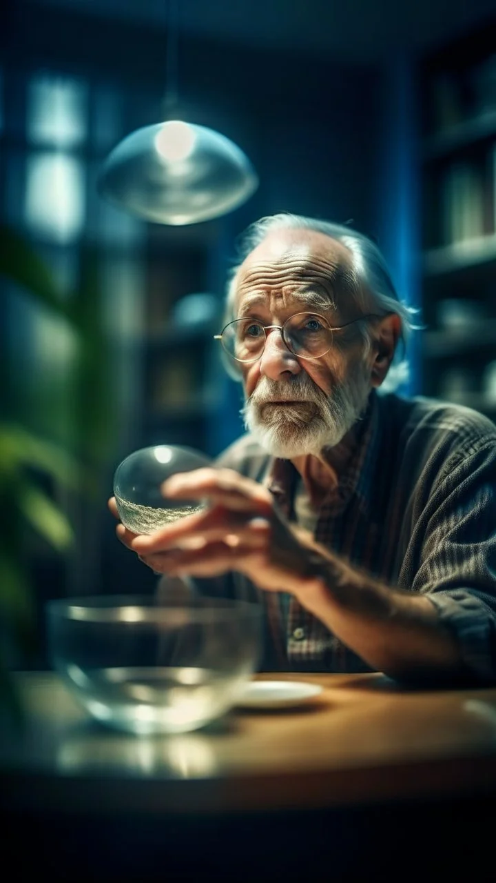 portrait of confused old man holding a glass bowl in glass nursery studying his own claws, bokeh like f/0.8, tilt-shift lens 8k, high detail, smooth render, down-light, unreal engine, prize winning