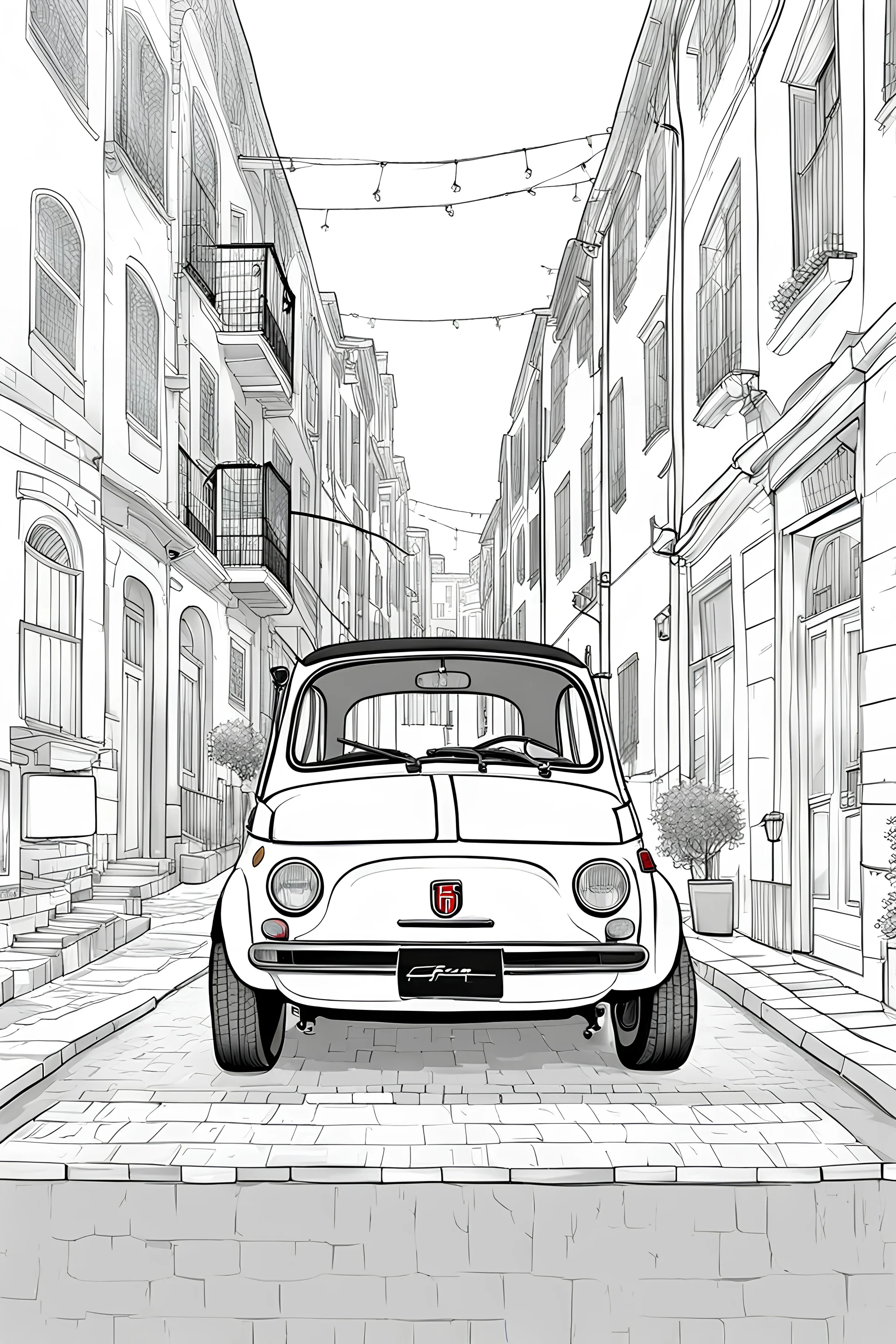 outline art for an adults coloring page, Fiat 500 in an Urban Alleyway , white background, detailed sketch style, no color , only use outline, clean art , white background, no shadows and clear well outlined,