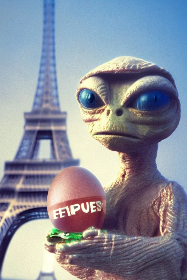 E.T. the Extra Terrestrial holding a decorated Easter egg in front of the Eiffel Tower