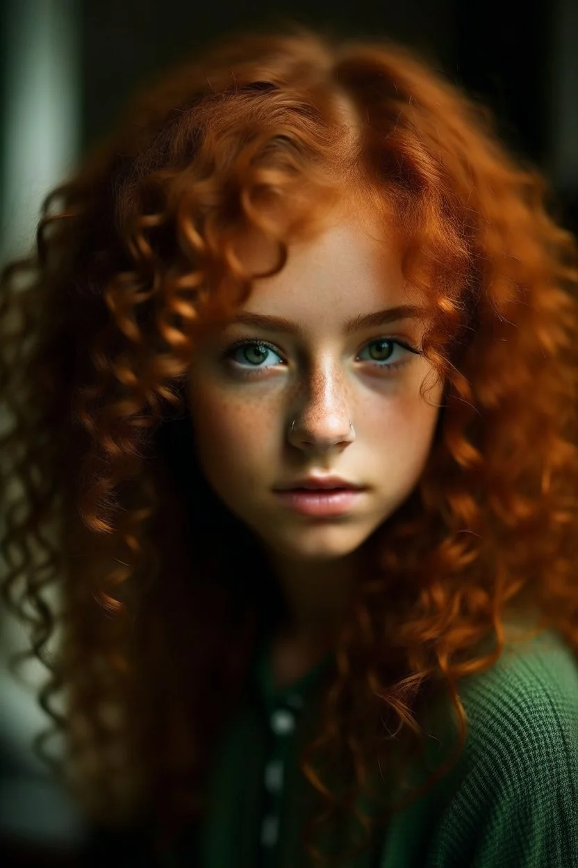 Mixed Teen with dark green eyes reddish curly poofy hair small nose long lashes