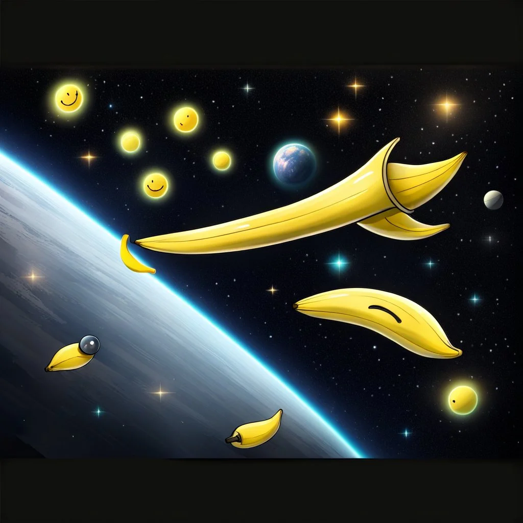 draw cartoon yellow banana with smile as starship flying in space.