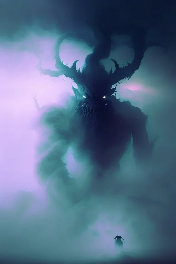 fog and smoke in a shape of a monsterous demon humanoid and a colour of a storm