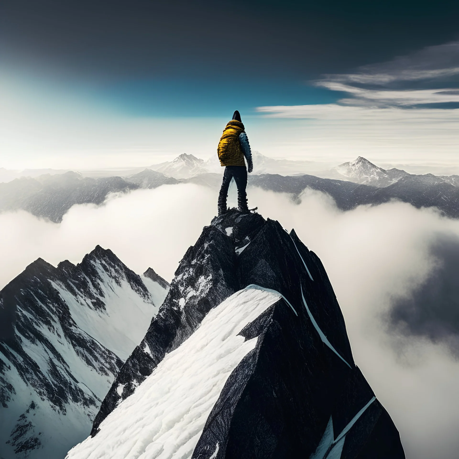 An image of a person standing at the bottom of a mountain looking up at the summit.