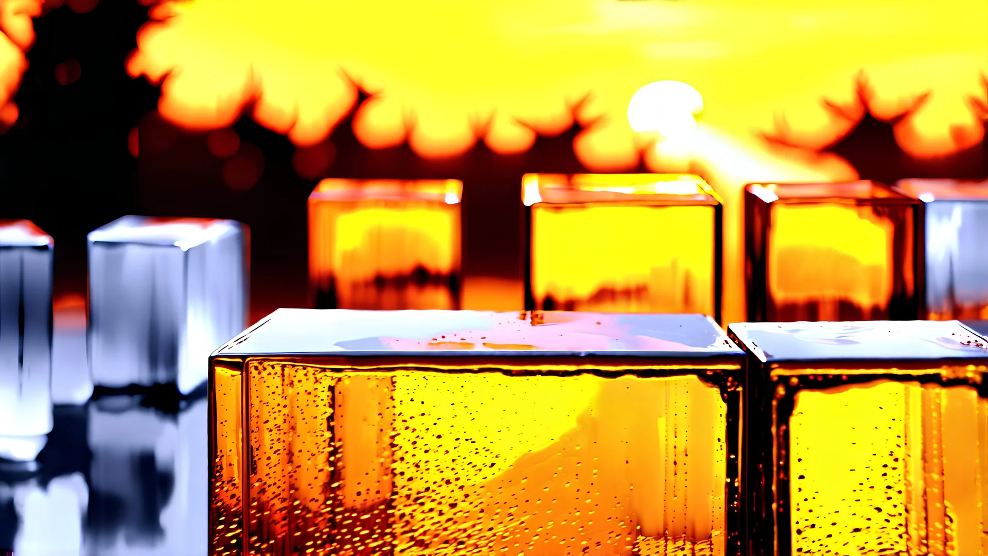 Grayscale abstract sculpture park, art style watercolor painting, metal smooth abstract shapes in distance, glass cubes with vivid dark amber glass in foreground, soft golden hour lighting