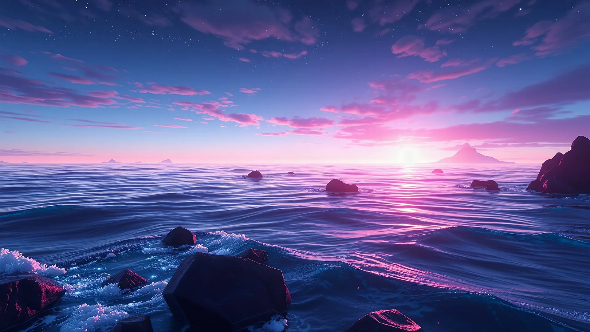 oceanscape that looks futuristic with futuristic lighting, realistic rendering