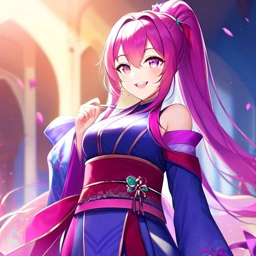 girl, masterpiece, best quality, volumetric lighting, detailed outfit, perfect eyes, long hair, fuchsia hair, fuchsia eyes, laughing, obi, ponytail,