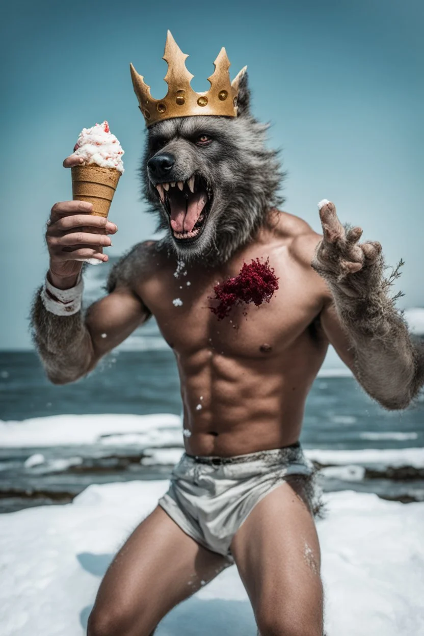 photo shoot of self aware werewolf boxing with ice cream and snow with sea weed crown