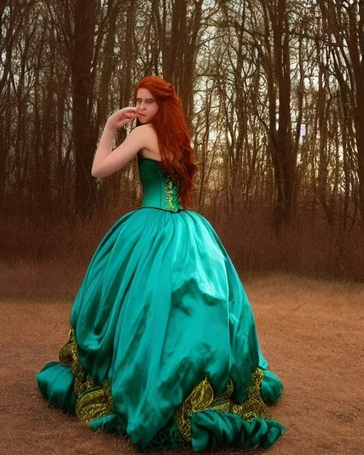 Magic princess with long auburn hair green eyes wearing a big teal green and gold satin ballgown corset off shoulder top casting magic