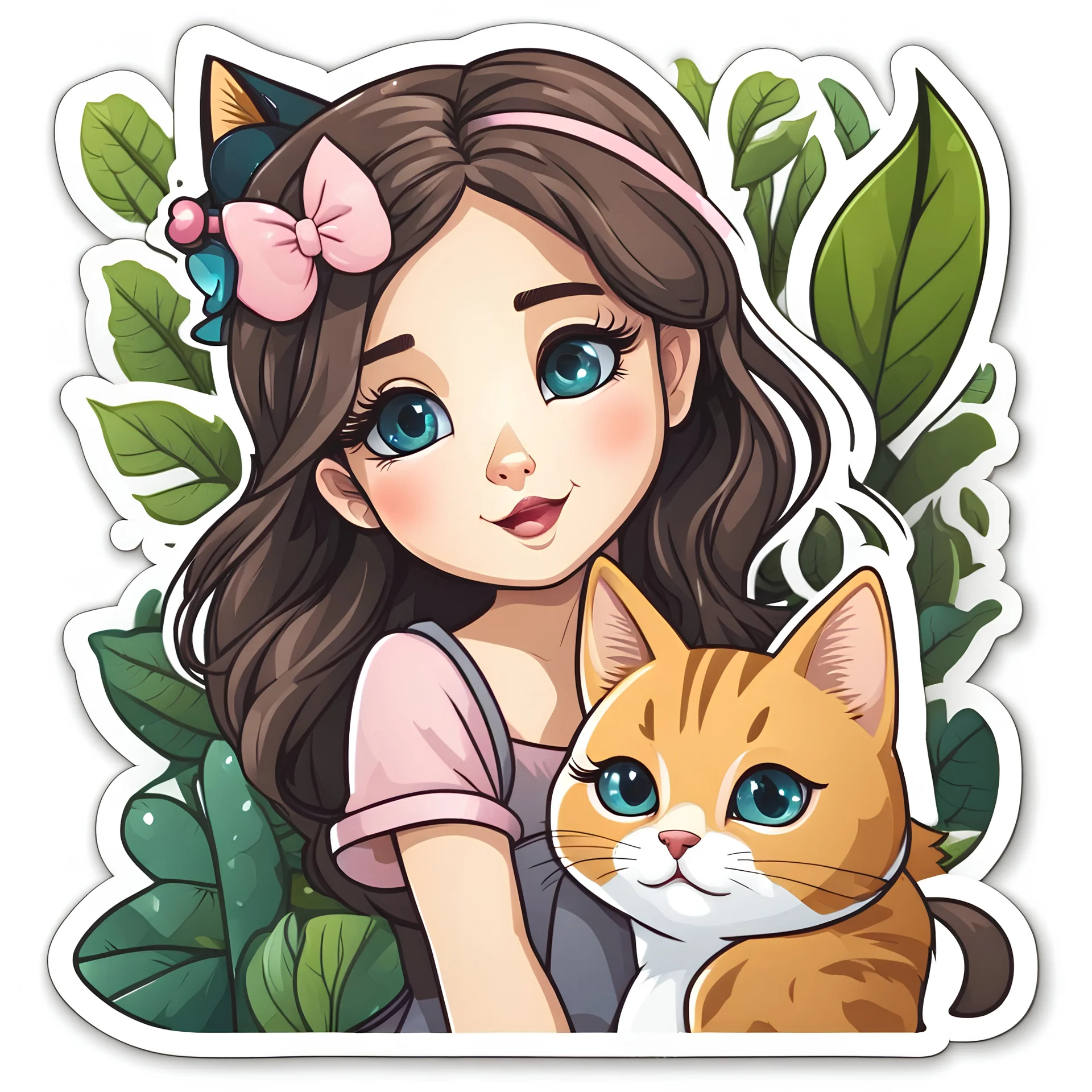 very beautiful sticker like realistic cartoon girl with cat