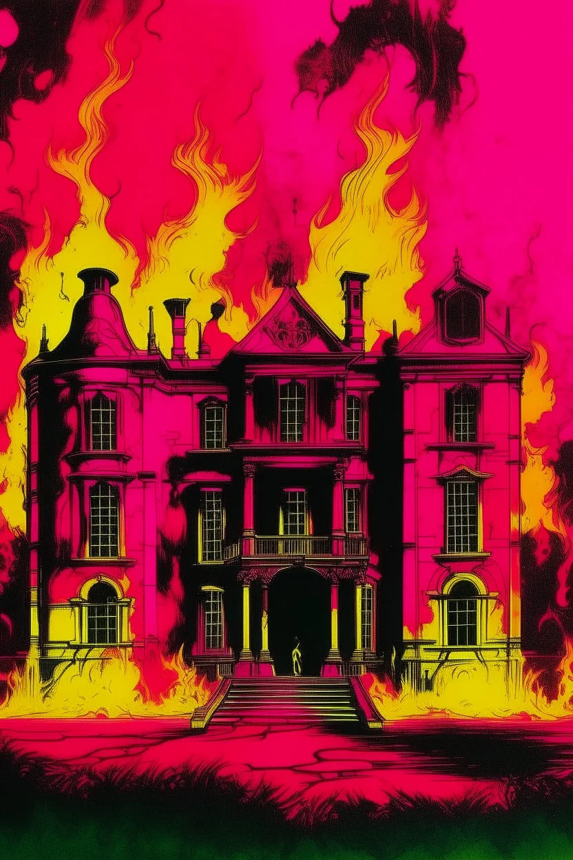 A blackish magenta demon chateau with chaotic fire painted by Andy Warhol