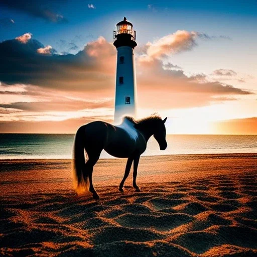 fullbody Drawing of 'beutiful Horse on beach, clouds, lighthouse,rocks,beautiful sunset',intricate detail,andrea bonelli,Kilian Eng,Ohrai,evan lee,Aleksandr Sidelnikov,KyuYong Eom,three quarters frontal aerial view,toned colors,16k