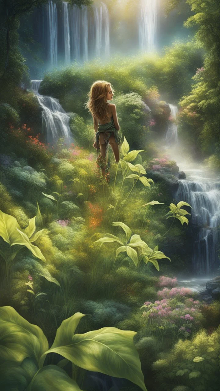 Alva in the garden, waterfall and elves ,lotsa wild weed, in spotlight, magazine cover illustration with spray paint, signed, bokeh like, down-light, unreal engine, prize winning