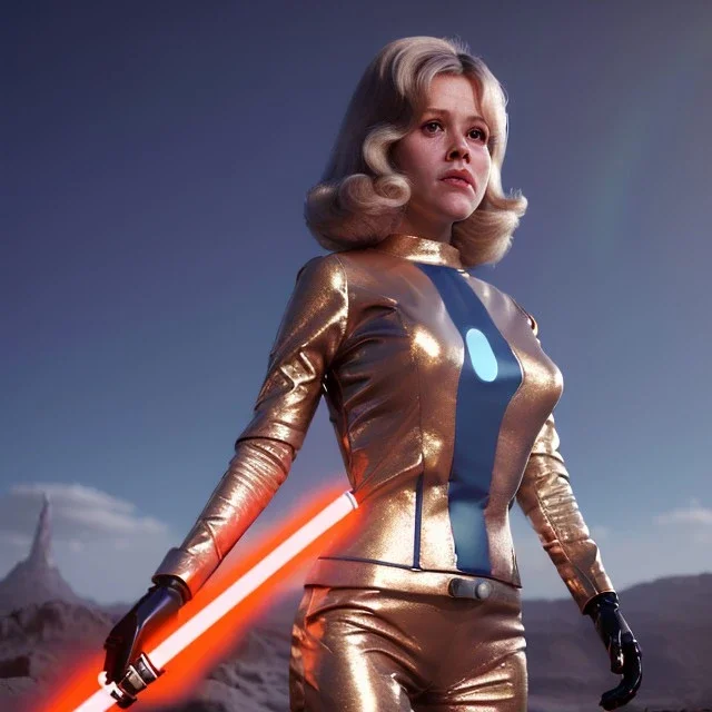 Ultra Realistic retro sci-fi portrait image from 1960, spaceship, sweet young Jane Fonda, dress with tight latex suit, lightsaber fighting stance, soft color, highly detailed, unreal engine 5, ray tracing, RTX, lumen lighting, ultra detail, volumetric lighting, 3d, finely drawn, high definition, high resolution.