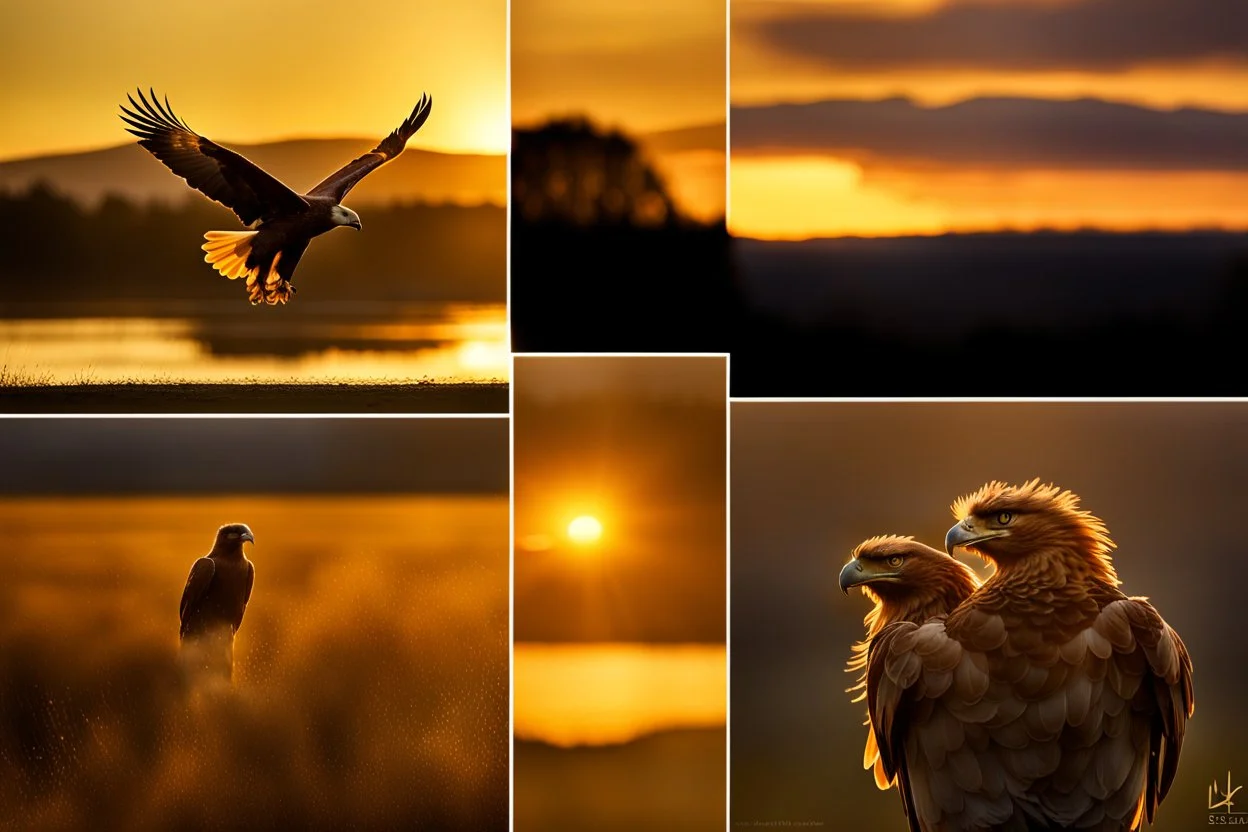 Prompt: Golden Hour The golden hour, occurring after sunrise and before sunset, bathes scenes in a gentle, amber glow. It’s perfect for producing nostalgic or romantic images. pouncing, golden eagle, golden hour backlighting, rim lighting, dark ambience, crepuscular rays, dynamic colours --ar 850:512 --iw .5 --s 50