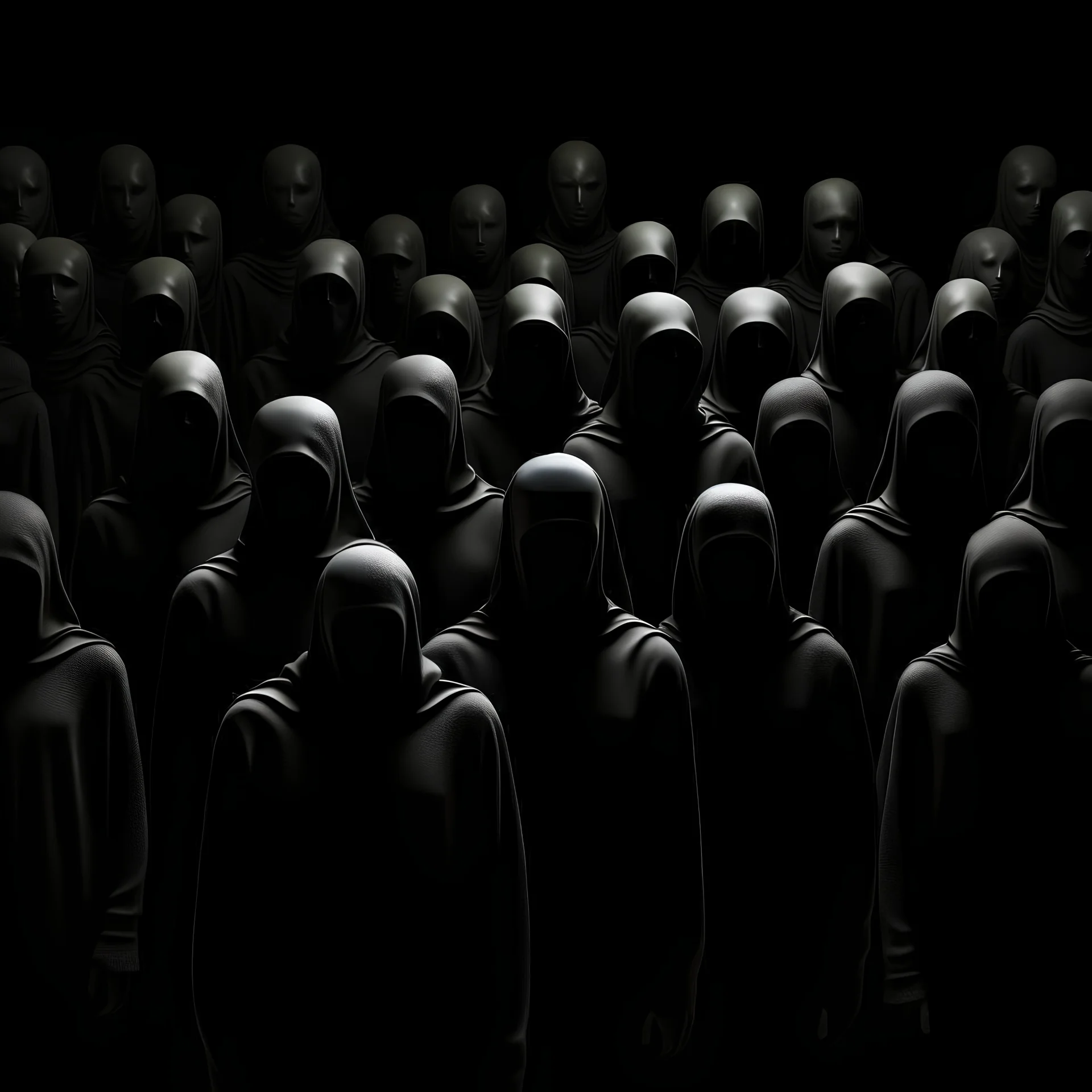 faceless army of bodies to symbolize the anonymity of individuals seeking identity verification , dark black